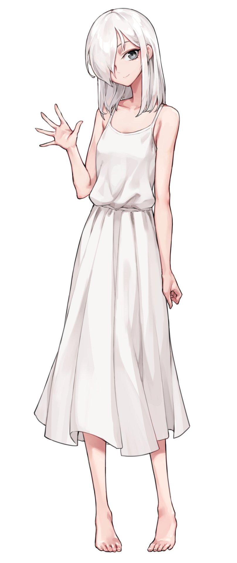 1girl bare_arms bare_shoulders barefoot closed_mouth dress full_body grey_eyes hand_up highres long_dress long_hair looking_at_viewer oopartz_yang original pigeon-toed simple_background smile solo sundress waving white_background white_dress white_hair