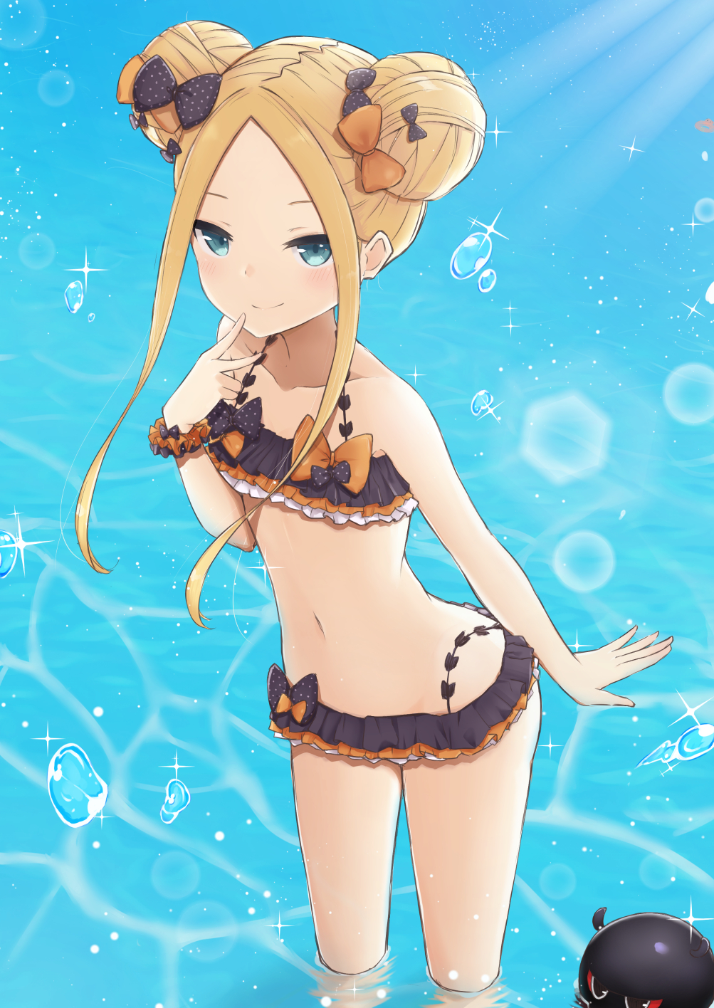 1girl abigail_williams_(fate/grand_order) animal bangs bare_shoulders bikini black_bikini black_bow blonde_hair blue_eyes blurry blurry_background blush bow closed_mouth collarbone commentary_request coraman day depth_of_field double_bun emerald_float fate/grand_order fate_(series) forehead hair_bow hand_up highres long_hair navel octopus orange_bow outdoors parted_bangs polka_dot polka_dot_bow revision side_bun sidelocks smile solo standing swimsuit tokitarou_(fate/grand_order) wading water