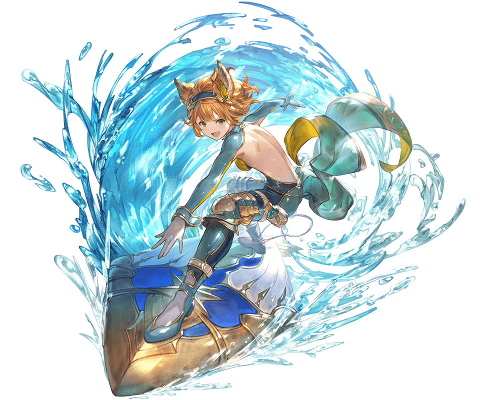 1girl animal_ears bangs blue_eyes breasts cailana erune full_body gold_trim granblue_fantasy minaba_hideo official_art solo surfboard swept_bangs transparent_background