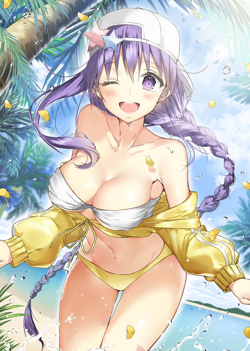 1girl ;d bb_(fate)_(all) bb_(swimsuit_mooncancer)_(fate) blue_sky blush braid breasts cleavage clothes_down collarbone day dutch_angle eyebrows_visible_through_hair fate/grand_order fate_(series) floating_hair h_shai hair_between_eyes hair_ornament hat long_hair looking_at_viewer medium_breasts one_eye_closed open_mouth outdoors palm_tree purple_hair ribbon single_braid sky smile solo sparkle standing star star_hair_ornament strapless strapless_bikini sweater tree very_long_hair violet_eyes white_bikini_top white_hat yellow_bikini_bottom yellow_ribbon yellow_sweater