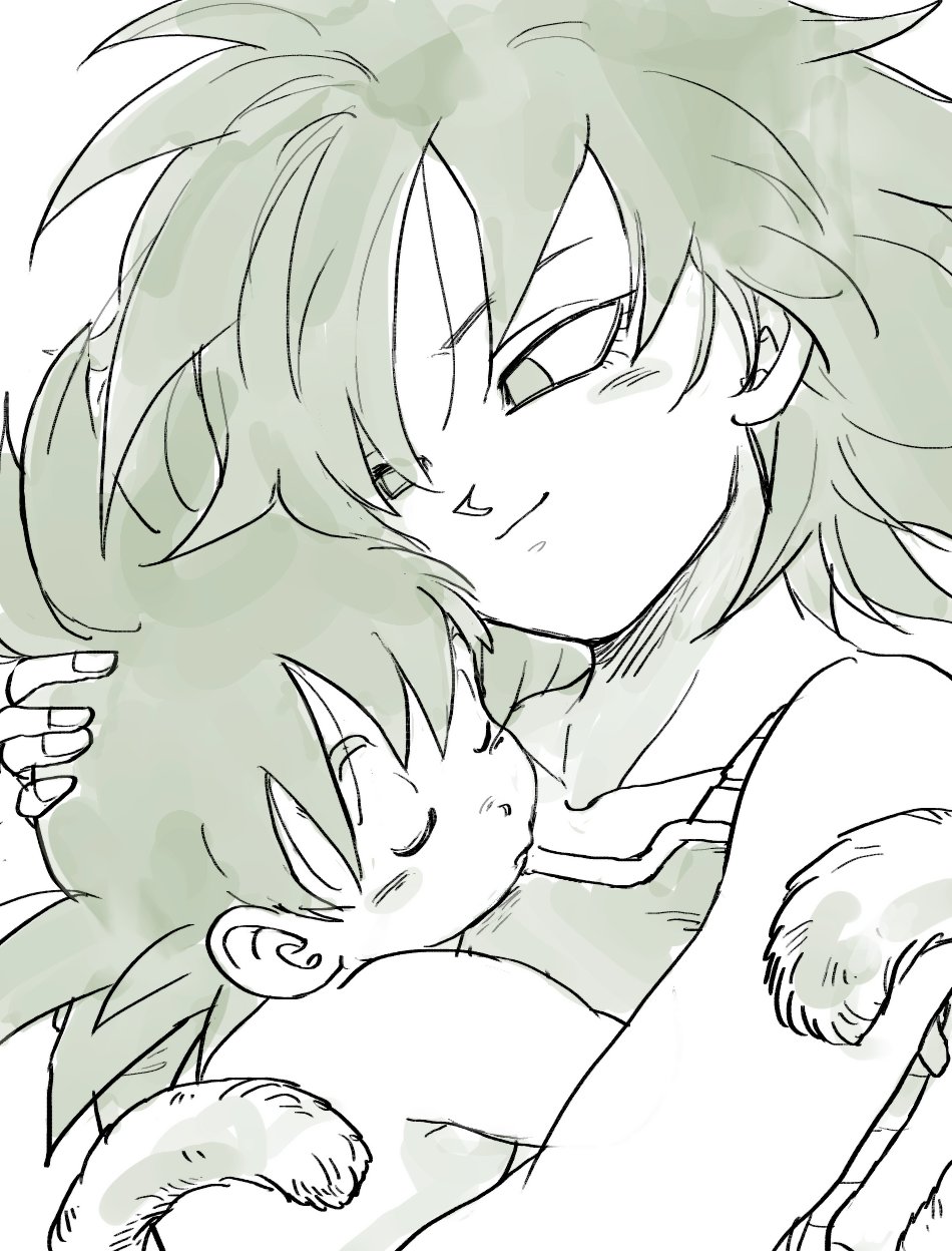 1boy 1girl armor baby bare_arms bare_shoulders black_hair carrying close-up closed_eyes commentary_request dragon_ball expressionless eyelashes fingernails gine greyscale hair_over_one_eye hand_on_another's_head highres hug looking_at_another monochrome mother_and_son short_hair simple_background sleeping smile son_gokuu spiky_hair tail tkgsize upper_body white_background