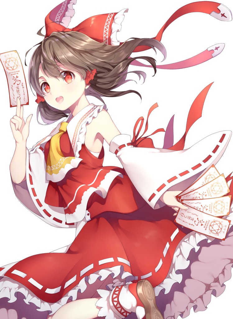 1girl between_fingers bow brown_hair detached_sleeves eyebrows_visible_through_hair frilled_shirt_collar frilled_skirt frills hair_bow hair_ribbon hair_tubes hakurei_reimu holding long_sleeves looking_at_viewer medium_hair ofuda open_mouth red_bow red_eyes red_skirt red_vest ribbon ribbon-trimmed_skirt ribbon-trimmed_sleeves ribbon_trim risui_(suzu_rks) shoes skirt solo touhou vest white_background