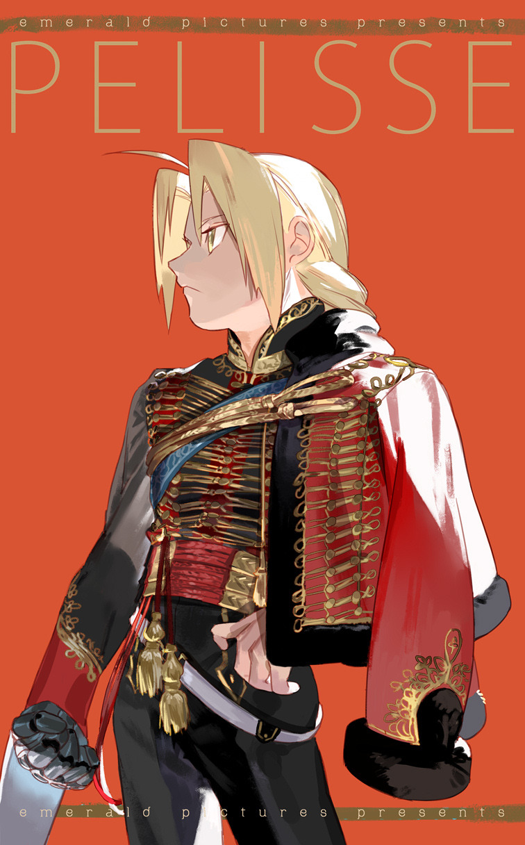1boy ahoge bangs black_pants blonde_hair braid contrapposto cowboy_shot edward_elric fullmetal_alchemist hand_on_hip highres holy_pumpkin jacket male_focus mechanical_arm open_clothes open_jacket pants parted_bangs red_background red_jacket revision simple_background single_braid solo standing yellow_eyes