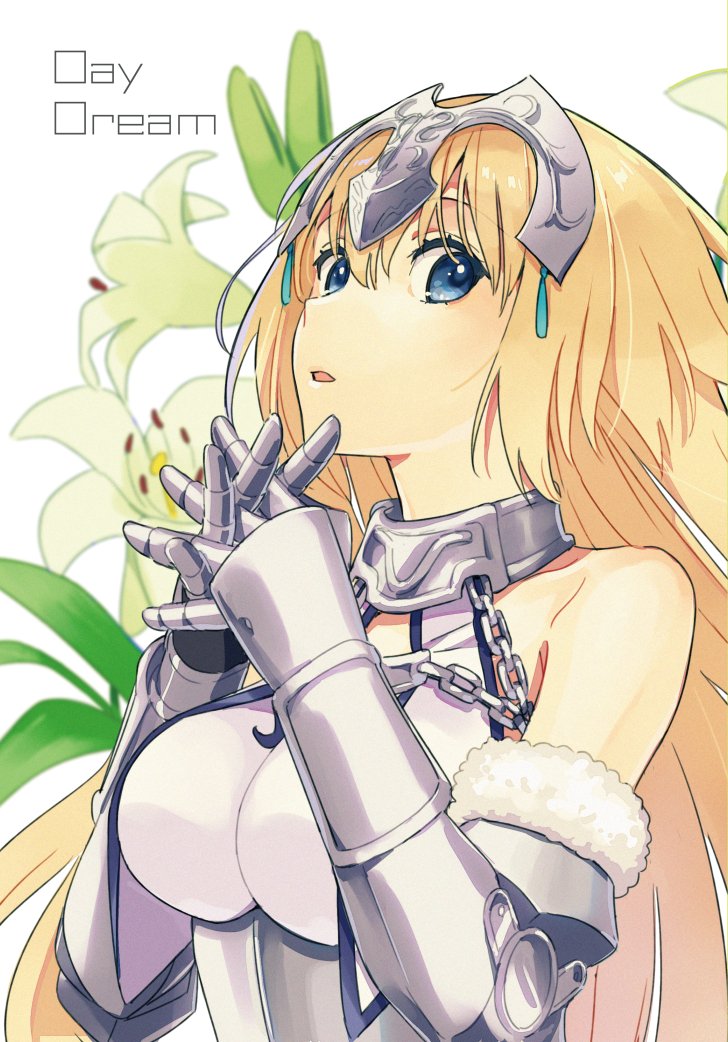 1girl blonde_hair blue_eyes breasts breasts_apart chains eyebrows_visible_through_hair fate/apocrypha fate_(series) fur_trim gauntlets hair_between_eyes headpiece issindotai jeanne_d'arc_(fate) jeanne_d'arc_(fate)_(all) long_hair looking_at_viewer medium_breasts open_mouth shiny shiny_hair solo upper_body very_long_hair white_background