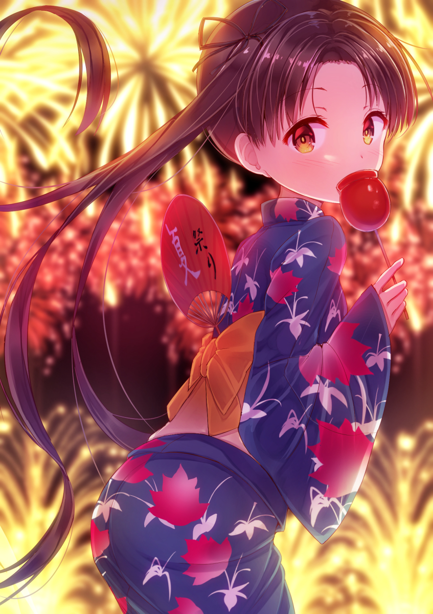 1girl aerial_fireworks ayanami_(kantai_collection) bangs blue_kimono blurry blurry_background blush brown_eyes brown_hair candy_apple commentary_request covered_mouth depth_of_field eyebrows_visible_through_hair fan fireworks food highres holding holding_food japanese_clothes kantai_collection kimono leaf_print leaning_forward long_hair long_sleeves minarai_shachou night night_sky obi outdoors paper_fan parted_bangs print_kimono sash sky sleeves_past_wrists solo twintails uchiwa very_long_hair wide_sleeves