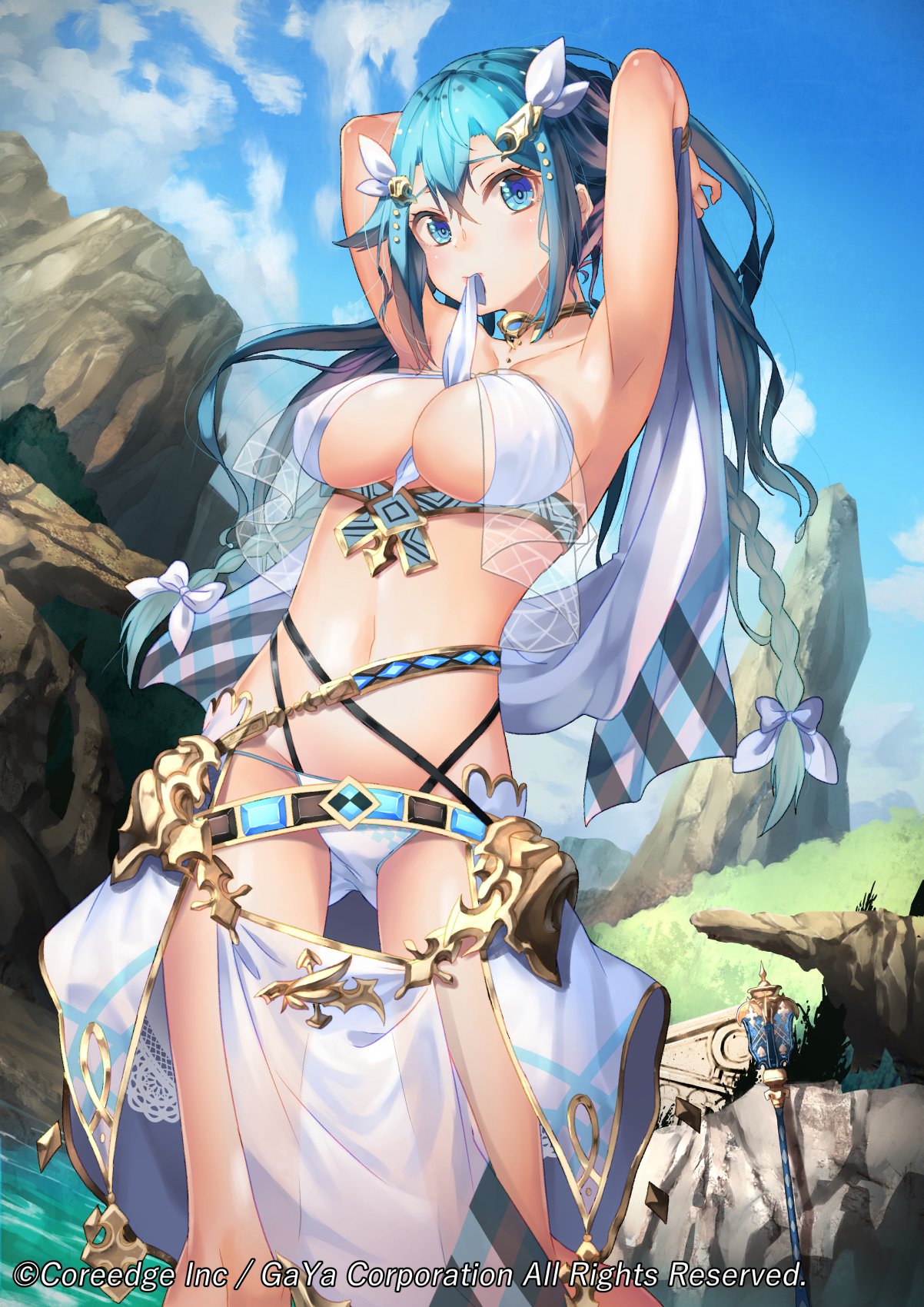armor armpits arms_up bangs between_breasts bikini blue_eyes blue_hair blue_sky blush bow bracelet braid breasts choker cleavage clouds collarbone copyright_request day forest groin hair_bow hair_flaps hair_ornament highres jewelry large_breasts long_hair nature navel official_art outdoors pelvic_curtain rock roquina_(alteil_chronicles) saraki see-through series:alteil_chronicles side_braid sidelocks skindentation sky staff stomach strap swimsuit thighs tree tying_hair under_boob very_long_hair water watermark white_bikini white_bow
