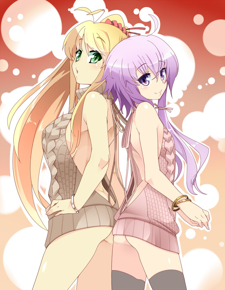 2girls ahoge antenna_hair backless_outfit bangs bare_back bare_shoulders black_legwear blonde_hair bracelet breasts brown_sweater butt_crack closed_mouth cowboy_shot eyebrows_visible_through_hair green_eyes hair_between_eyes hatsumi_ponpei jewelry large_breasts long_hair looking_at_viewer meme_attire multiple_girls open_mouth pink_sweater ponytail purple_hair side_ponytail sideboob smile sweater thigh-highs tsurumaki_maki very_long_hair violet_eyes virgin_killer_sweater vocaloid voiceroid yuzuki_yukari