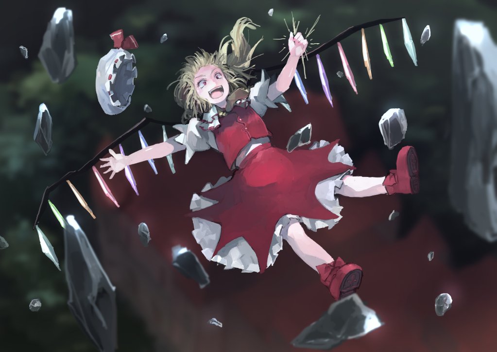 1girl ascot blonde_hair bow broken_glass clenched_hand crystal falling flandre_scarlet frilled_shirt frilled_skirt frilled_sleeves frills full_body glass hair_between_eyes hat hat_ribbon ichiba_youichi medium_hair mob_cap open_mouth puffy_short_sleeves puffy_sleeves red_bow red_eyes red_ribbon red_skirt red_vest ribbon shirt short_sleeves side_ponytail skirt solo touhou vest white_shirt wings yellow_neckwear