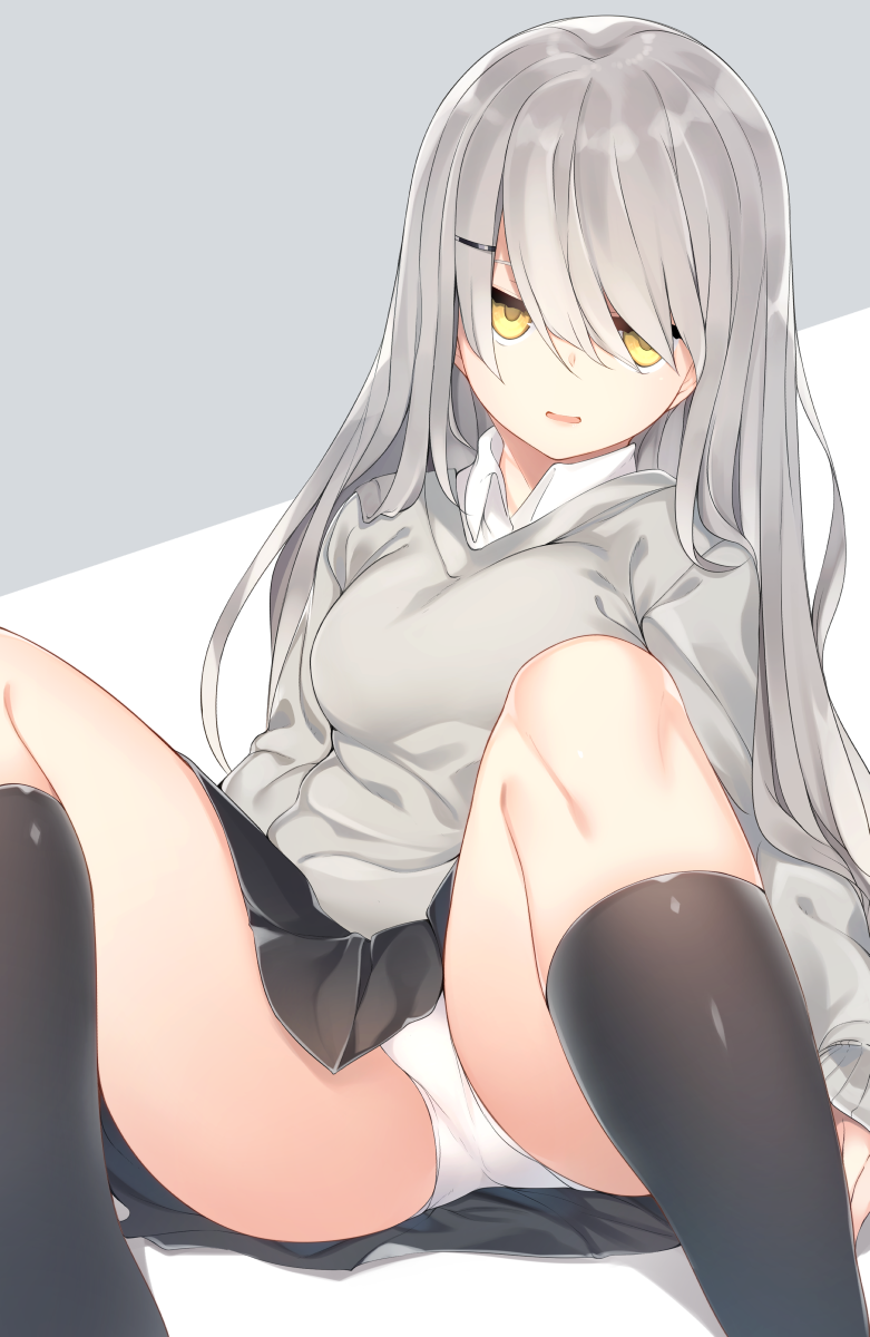 1girl bangs black_legwear black_skirt breasts collared_shirt commentary_request grey_sweater hair_ornament hairclip highres jitome kneehighs knees_up long_sleeves looking_at_viewer medium_breasts open_mouth original panties pantyshot pantyshot_(sitting) shirt silver_hair sitting skirt solo spread_legs sweater tsunekichi underwear white_panties white_shirt yellow_eyes