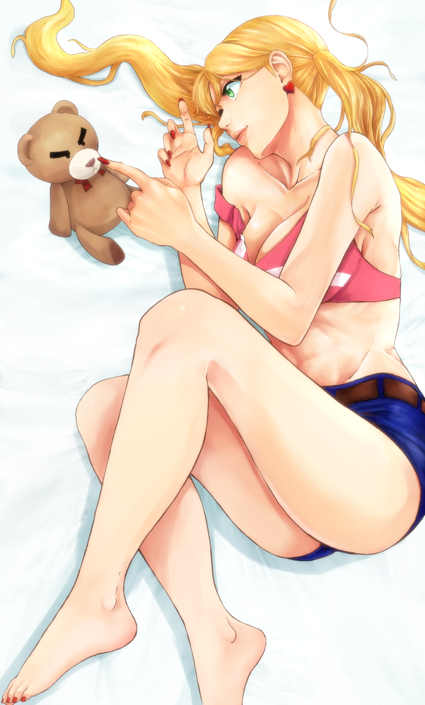 1girl bare_shoulders barefoot bed bed_sheet belt bokkusu breasts cleavage closed_mouth collarbone crop_top denim denim_shorts earrings green_eyes gundam gundam_tekketsu_no_orphans highres jewelry lafter_frankland large_breasts legs lying midriff nail_polish off_shoulder on_side red_nails short_shorts shorts sideboob stuffed_animal stuffed_toy tank_top teddy_bear toes twintails