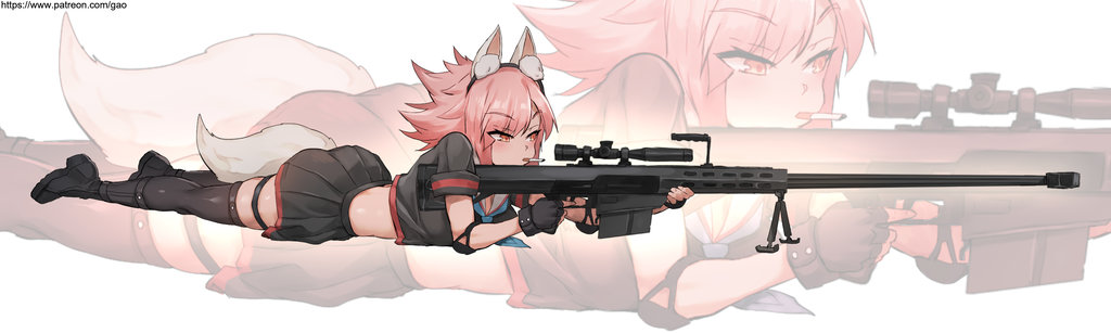 1girl aiming animal_ears anti-materiel_rifle black_footwear black_gloves black_legwear black_skirt boots cigarette combat_boots commentary elbow_pads english_commentary eyebrows_visible_through_hair fake_animal_ears fingerless_gloves fox_ears fox_tail gao_(gaolukchup) gloves gun lying midriff on_stomach orange_eyes original pink_hair rifle school_uniform scope serafuku short_hair skirt smoking sniper sniper_rifle solo tail thigh-highs thigh_strap tripod watermark weapon web_address zoom_layer