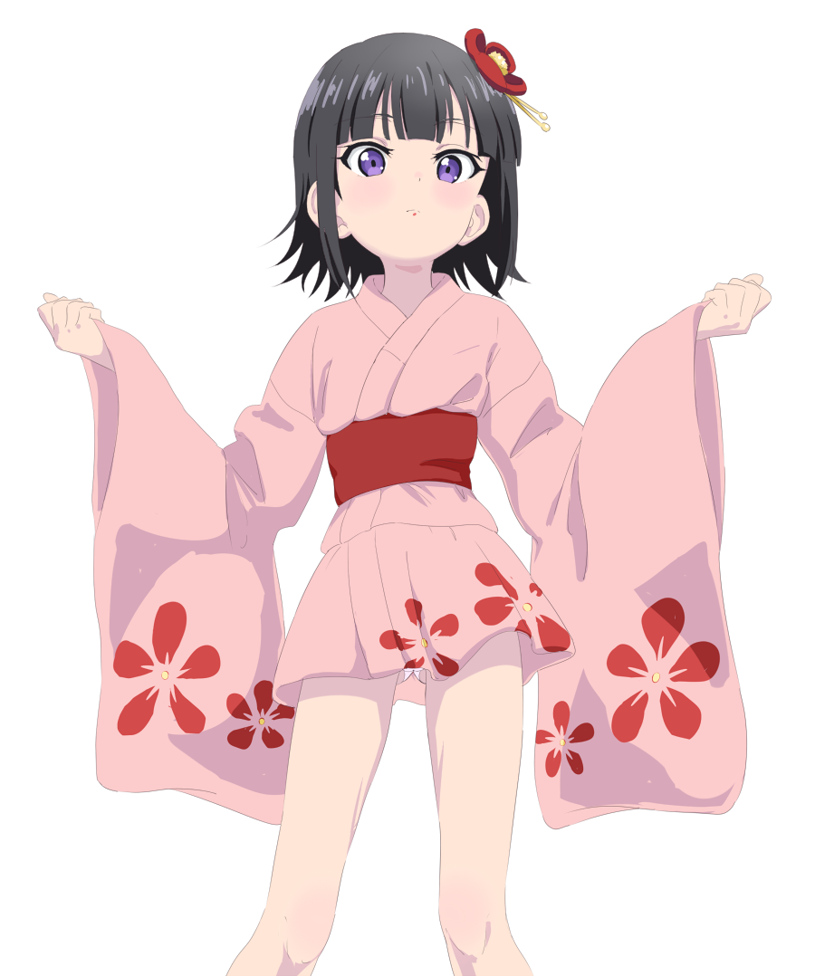 1girl bangs black_hair blush closed_mouth commentary_request eyebrows_visible_through_hair floral_print flower hair_flower hair_ornament hands_up japanese_clothes kiitarou_shounen_no_youkai_enikki kimono long_sleeves looking_at_viewer obi pinching_sleeves pink_kimono print_kimono red_flower sash short_kimono simple_background solo standing suzu_(kiitarou) trg-_(sain) violet_eyes white_background wide_sleeves