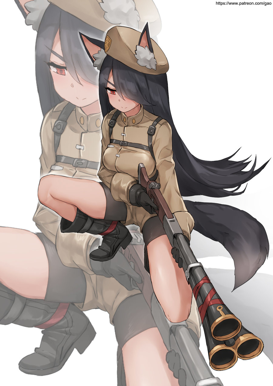 1girl animal_ears antique_firearm backpack bag bike_shorts bike_shorts_under_shorts black_gloves black_hair blunderbuss boots breasts commentary english_commentary firearm full_body gao_(gaolukchup) gloves gun hair_over_one_eye highres holding holding_gun holding_weapon large_breasts long_hair military military_uniform multiple_barrel_gun one_knee original red_eyes shorts solo tail tan trigger_discipline uniform watermark weapon web_address white_background wolf_ears wolf_tail zoom_layer