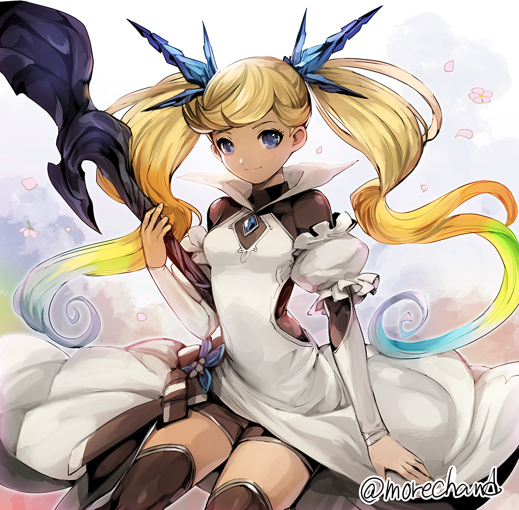 1girl arm_strap artist_name black_legwear black_shorts blonde_hair blue_eyes breasts floating_hair flower granblue_fantasy hair_ribbon holding holding_staff io_euclase looking_at_viewer moreshan multicolored_hair pink_flower ribbon short_shorts shorts sitting small_breasts smile solo staff thigh-highs twintails