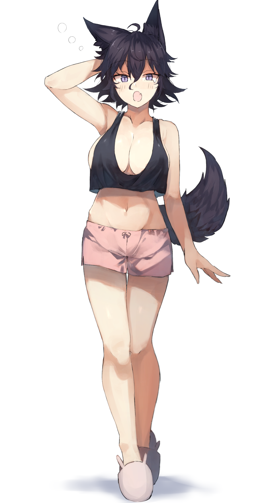 1girl :o ahoge animal_ear_fluff animal_ears arm_up bangs bare_arms bare_legs bare_shoulders black_hair black_tank_top blush breasts collarbone commentary_request crop_top eyebrows_visible_through_hair fang full_body grey_footwear hair_between_eyes hand_behind_head highres kasuka_(kusuki) large_breasts midriff navel open_mouth original pink_shorts shadow short_hair short_shorts shorts simple_background slippers slit_pupils solo standing stomach tail tank_top tears thighs violet_eyes white_background wolf_ears wolf_tail