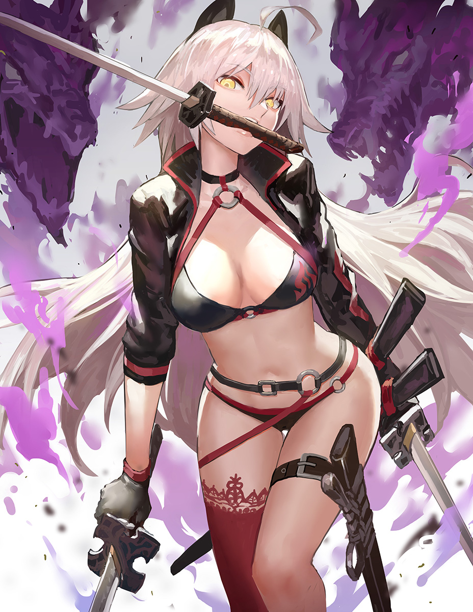 1girl ahoge animal_ears aura bikini black_bikini black_choker black_jacket breasts cat_ears choker cleavage collarbone commentary_request constricted_pupils cowboy_shot cropped_jacket danann dragon eyebrows_visible_through_hair fake_animal_ears fate/grand_order fate_(series) hair_between_eyes highres holding jacket jeanne_d'arc_(alter)_(fate) jeanne_d'arc_(alter_swimsuit_berserker) jeanne_d'arc_(fate)_(all) katana kemonomimi_mode large_breasts lips long_hair looking_at_viewer midriff mouth_hold navel o-ring o-ring_bikini o-ring_bottom o-ring_top pink_lips red_legwear sheath single_thighhigh solo standing stomach swimsuit sword thigh-highs thigh_strap thighs unsheathed very_long_hair waist weapon yellow_eyes