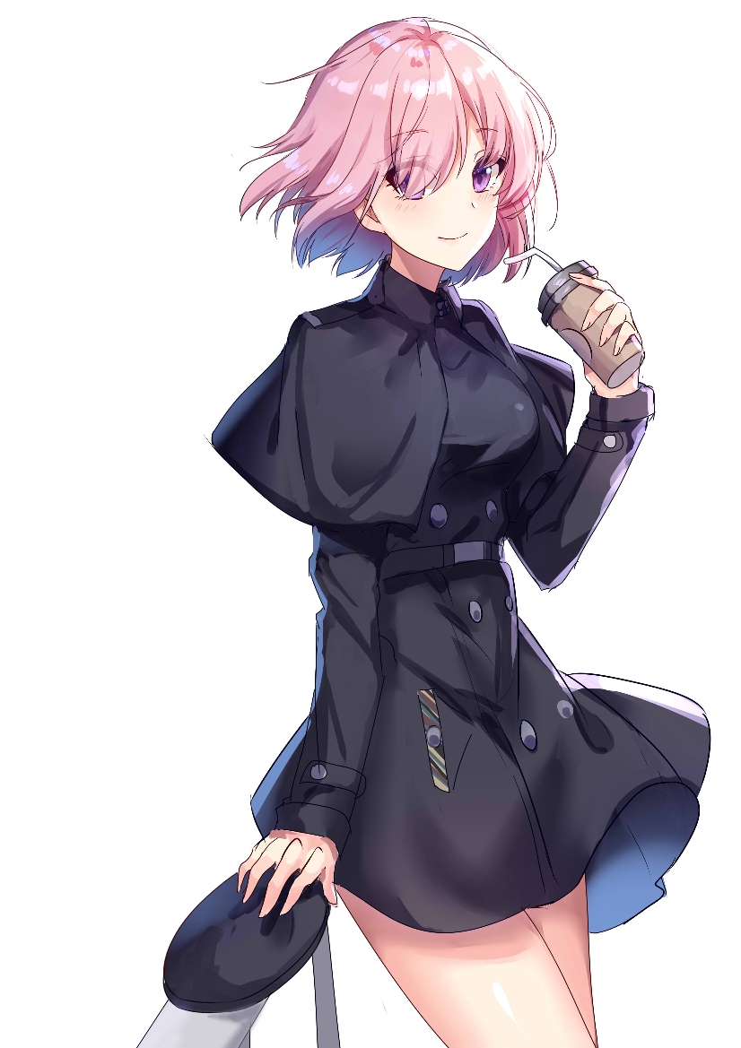 1girl arm_support bangs bendy_straw black_capelet black_coat blush capelet closed_mouth cup disposable_cup drinking_glass drinking_straw eyebrows_visible_through_hair eyes_visible_through_hair fate/grand_order fate_(series) fingernails gejigejier hair_over_one_eye holding holding_cup long_sleeves mash_kyrielight pink_hair short_hair simple_background smile solo standing violet_eyes white_background
