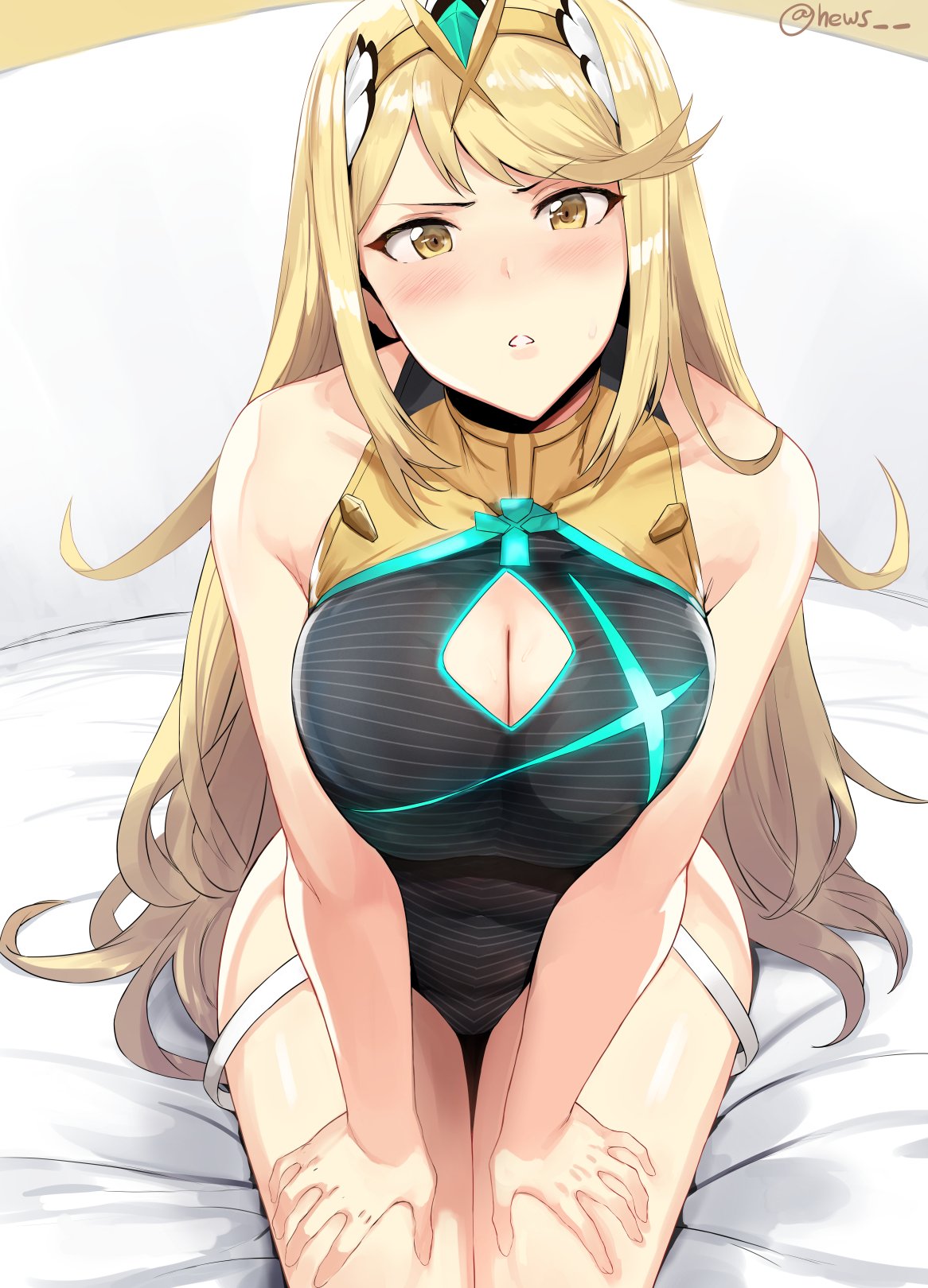 1girl alternate_costume bangs bare_shoulders bed_sheet black_swimsuit blonde_hair blush breasts cleavage cleavage_cutout collarbone covered_navel eyebrows_visible_through_hair gem glowing hands_on_own_thighs headpiece hews_hack highres mythra_(xenoblade) impossible_clothes impossible_swimsuit large_breasts long_hair looking_at_viewer nintendo one-piece_swimsuit parted_lips shiny shiny_hair sitting solo sweatdrop swept_bangs swimsuit thigh_gap twitter_username very_long_hair xenoblade_(series) xenoblade_2 yellow_eyes