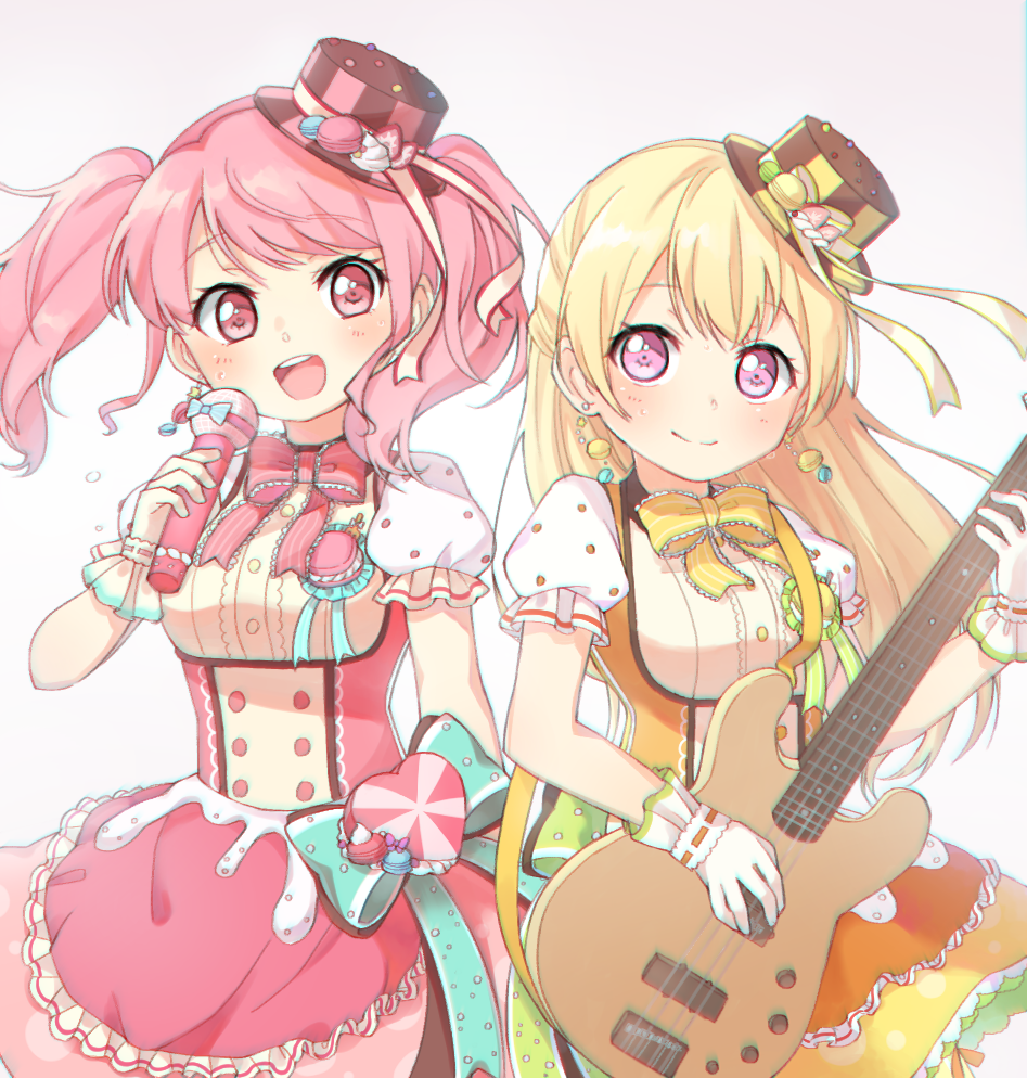 2girls :d bang_dream! bangs bass_guitar bd_ayknn blonde_hair blue_bow blush bow bowtie dress earrings eyebrows_visible_through_hair food frilled_gloves frilled_sleeves frills gloves half_updo hat hat_ornament hat_ribbon holding holding_instrument holding_microphone instrument jewelry long_hair looking_at_viewer macaron maruyama_aya microphone multiple_girls open_mouth pink_eyes pink_hair pink_neckwear ribbon ribbon-trimmed_gloves ribbon_trim shirasagi_chisato short_sleeves smile striped_hat sweatdrop twintails upper_teeth violet_eyes white_gloves yellow_neckwear