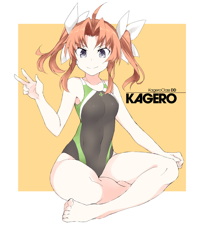 1girl anchor_symbol barefoot black_swimsuit breasts character_name competition_swimsuit hair_ribbon indian_style kagerou_(kantai_collection) kantai_collection long_hair looking_at_viewer one-piece_swimsuit orange_hair remodel_(kantai_collection) ribbon sitting small_breasts solo souji swimsuit twintails v violet_eyes white_ribbon