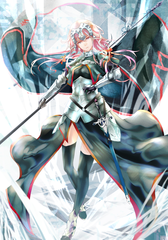 1girl armor armored_dress braid breasts capelet cosplay egoist fate/apocrypha fate_(series) faulds flag gauntlets guilty_crown hair_ornament hairclip headpiece jeanne_d'arc_(fate) jeanne_d'arc_(fate)_(all) jeanne_d'arc_(fate)_(cosplay) long_hair looking_at_viewer medium_breasts pink_hair red_eyes solo tanikku thigh-highs yuzuriha_inori