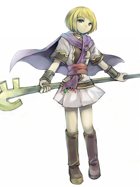 1girl bangs blonde_hair blunt_bangs bob_cut boots bracer brown_footwear cape full_body golden_sun green_eyes higeka holding holding_staff looking_at_viewer purple_cape sash shiba_(golden_sun) short_sleeves simple_background solo staff standing white_background