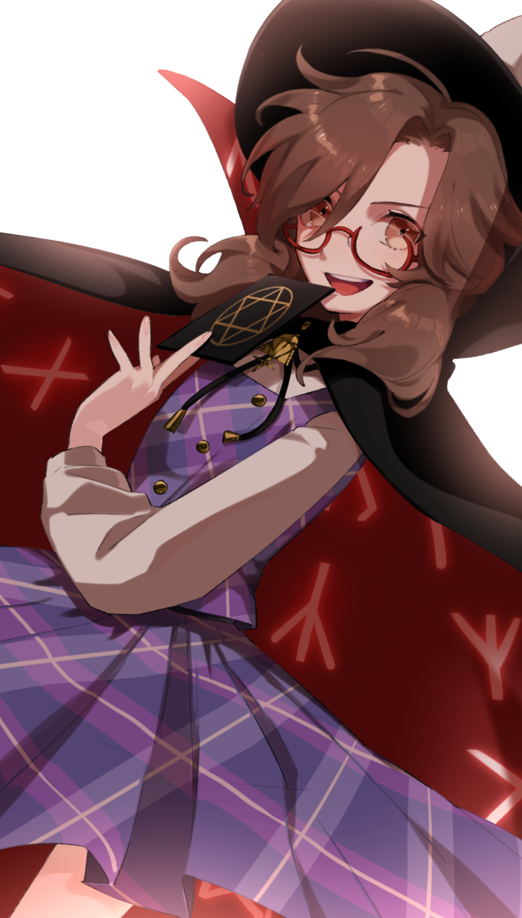 1girl brown_hair cape card dutch_angle fedora glasses grin hat highres looking_at_viewer low_twintails namataro plaid plaid_skirt red-framed_eyewear school_uniform semi-rimless_eyewear short_hair short_twintails skirt smile solo touhou twintails under-rim_eyewear usami_sumireko white_background