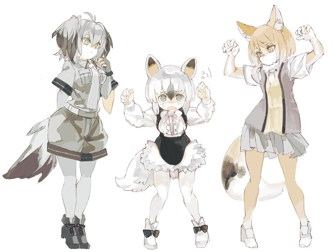 3girls animal_ears anteater_ears anteater_tail bird_tail bird_wings black_hair bow bowtie center_frills claw_pose collared_shirt elbow_gloves eyebrows_visible_through_hair flying_sweatdrops fox_ears fox_tail fur_collar gloves grey_hair head_wings kemono_friends konabetate light_brown_hair long_sleeves multicolored_hair multiple_girls necktie pantyhose pleated_skirt shirt shoebill_(kemono_friends) short_hair short_sleeves shorts skirt southern_tamandua_(kemono_friends) sweatdrop tail tibetan_sand_fox_(kemono_friends) white_hair wings