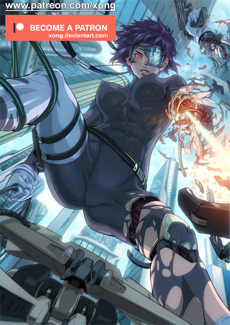 1girl abs blue_sky bodysuit breasts building clenched_teeth clouds commentary covered_nipples cyberpunk cyborg english_commentary falling from_below ghost_in_the_shell gloves gun handgun knee_pads kusanagi_motoko laser mechanical_arm muscle pistol purple_hair red_eyes science_fiction short_hair sky skyscraper teeth thigh_strap torn_clothes visor weapon white_gloves xong