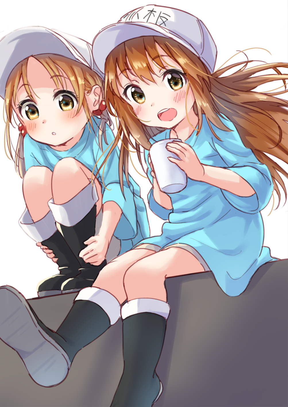 2girls :d :o bangs black_footwear blue_shirt blush boots brown_eyes brown_hair character_name clothes_writing commentary_request cup drinking_glass eyebrows_visible_through_hair fingernails flat_cap grey_shorts hair_between_eyes hair_bobbles hair_ornament hat hataraku_saibou headwear_writing highres holding holding_cup knee_boots long_hair multiple_girls open_mouth parted_lips platelet_(hataraku_saibou) shirt short_shorts short_sleeves shorts sitting smile tsukiman upper_teeth very_long_hair white_hat