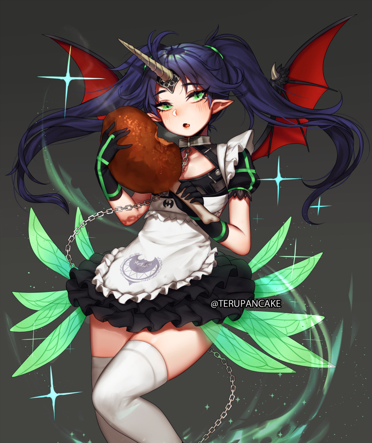 1girl apron beelzebub_(the_seven_deadly_sins) black_dress black_gloves blue_hair blush boned_meat chains commentary dress eating english_commentary fang feathers floating_hair food gloves green_eyes grey_background holding holding_food horn long_hair meat parted_lips puffy_short_sleeves puffy_sleeves seven_deadly_sins short_sleeves skindentation slit_pupils solo standing teru_(renkyu) the_seven_deadly_sins thigh-highs twintails twitter_username waist_apron white_apron white_legwear