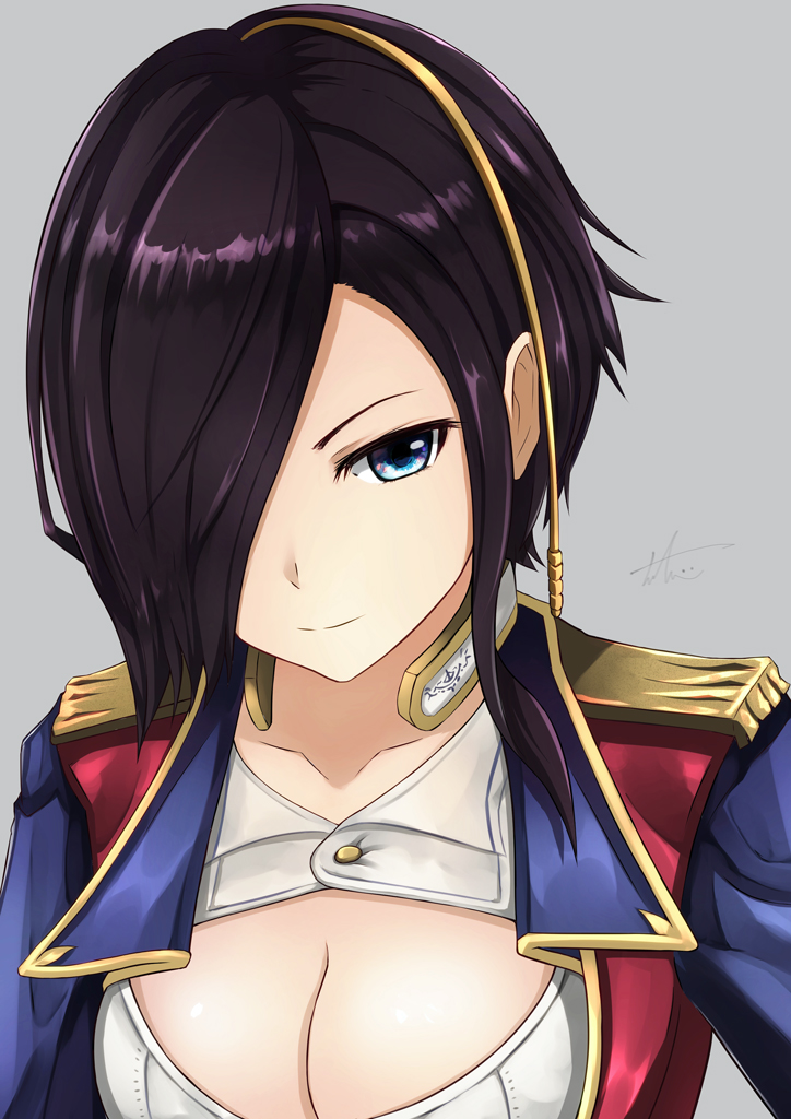 1girl ark_royal_(azur_lane) azur_lane black_hair blue_eyes breasts cleavage cleavage_cutout closed_mouth collarbone commentary_request epaulettes hair_ornament hair_over_one_eye jacket large_breasts military military_uniform open_clothes open_jacket short_hair smile tosaka0002 uniform