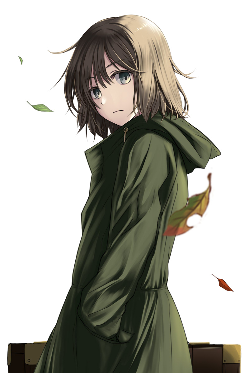 1girl autumn bob_cut brown_hair coat green_eyes highres leaf looking_at_viewer original shinohara_zeko short_hair solo white_background