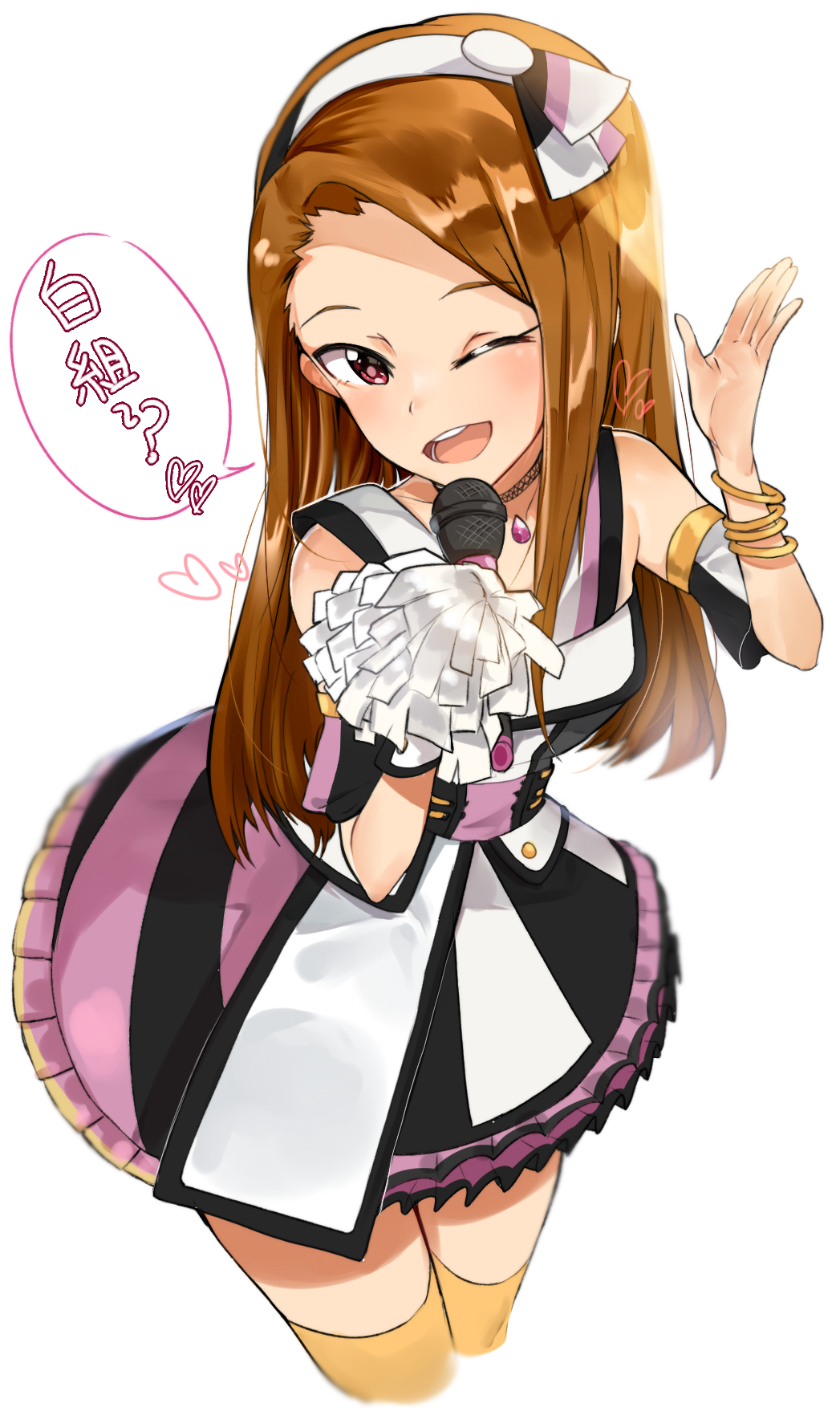 1girl :d bare_shoulders bracelet brown_hair commentary_request cowboy_shot dress hairband hand_up heart highres holding holding_microphone idolmaster idolmaster_(classic) jewelry long_hair looking_at_viewer microphone minase_iori necklace one_eye_closed open_mouth pink_dress pom_poms red_eyes simple_background smile solo standing standing_on_one_leg thigh-highs translated tuxedo_de_cat white_background yellow_legwear
