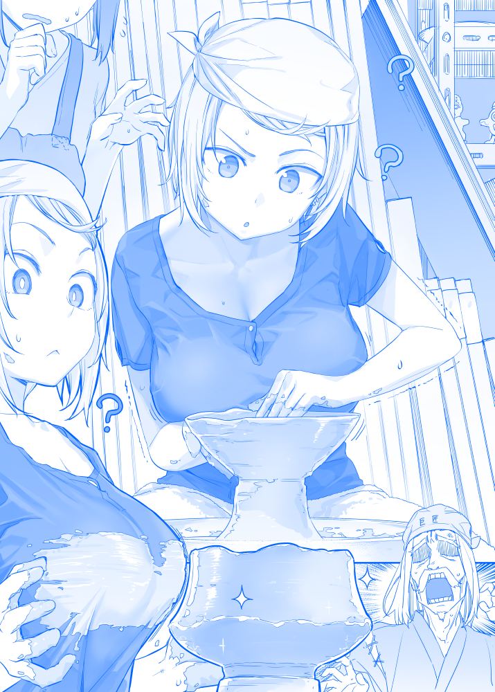 1boy 2girls :&lt; ? bandanna bangs blue breasts bright_pupils cleavage earrings flying_sweatdrops getsuyoubi_no_tawawa hand_to_own_mouth head_tilt himura_kiseki indoors jewelry large_breasts monochrome multiple_girls old_man parted_lips pottery shaded_face shirt short_hair sparkle sweat swept_bangs t-shirt wide-eyed