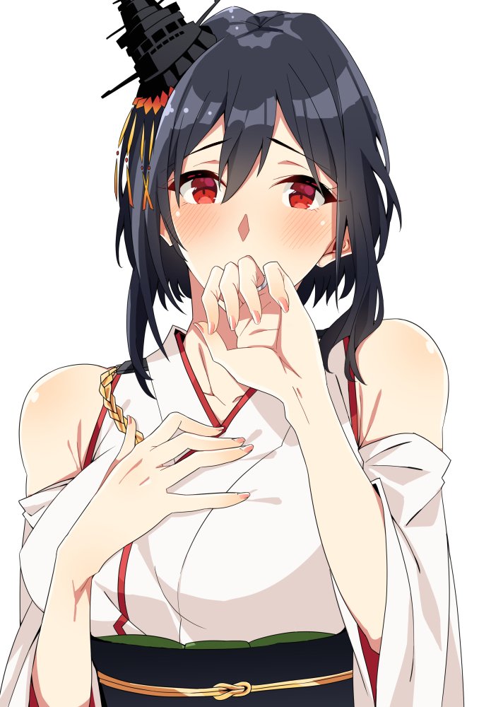 1girl asakawa_(outeq) black_hair detached_sleeves hair_ornament jewelry kantai_collection looking_at_viewer nontraditional_miko red_eyes ring short_hair simple_background solo upper_body wedding_band white_background wide_sleeves yamashiro_(kantai_collection)