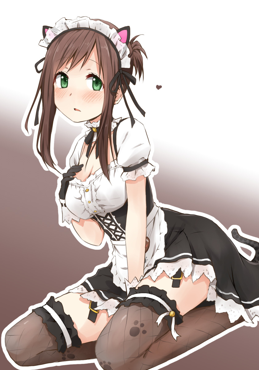 1girl animal_ears apron between_legs black_gloves black_ribbon blush breasts brown_hair cat_ears cleavage dress eyebrows_visible_through_hair fishnet_legwear fishnets gloves gradient gradient_background green_eyes grey_legwear hand_between_legs heart highres kagiana long_hair looking_at_viewer maid_apron maid_headdress medium_breasts open_mouth outline paw_print print_legwear puffy_short_sleeves puffy_sleeves ribbon short_sleeves sitting solo sophia_esteed star_ocean star_ocean_anamnesis star_ocean_till_the_end_of_time thigh-highs thighs waist_apron white_apron white_outline