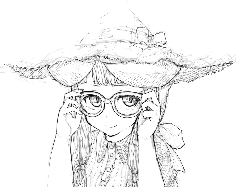 1girl adjusting_eyewear bow closed_mouth commentary_request fingernails glasses greyscale hands_up hat hat_bow horned_girl_(jaco) jaco looking_at_viewer monochrome original ribbon simple_background slit_pupils smile solo upper_body white_background