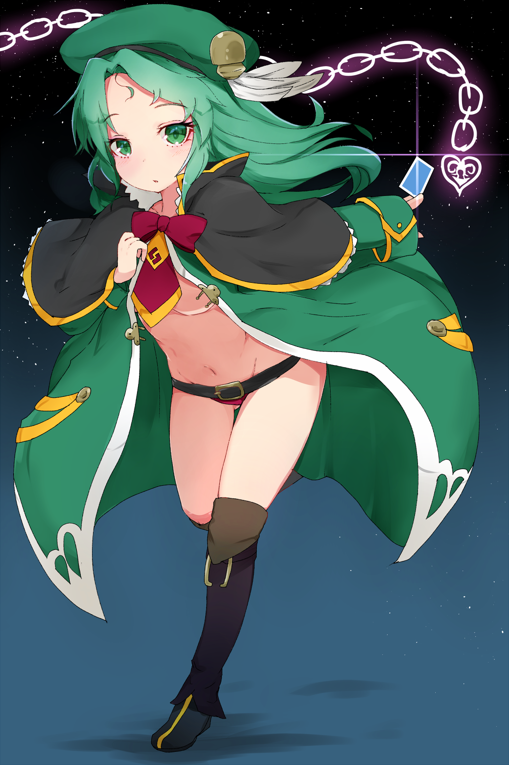 1girl ass_visible_through_thighs bangs belt_buckle between_fingers black_belt black_footwear blush boots bow breasts buckle card chains commentary_request criminal_girls eyebrows_visible_through_hair full_body green_coat green_eyes green_hair groin highres holding holding_card knee_boots leaning_forward long_hair long_sleeves looking_at_viewer navel night night_sky panties parted_bangs parted_lips purple_panties rai_(sakuranbo_sugar) red_bow shin_(criminal_girls) sky sleeves_past_wrists small_breasts solo standing standing_on_one_leg star_(sky) starry_sky underwear