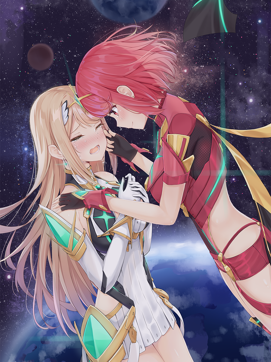 2girls bare_shoulders blonde_hair blush breasts closed_eyes crying dress earrings fingerless_gloves forehead-to-forehead gloves hand_on_another's_shoulder headpiece highres mythra_(xenoblade) pyra_(xenoblade) ikkyuutensaii jewelry large_breasts long_hair looking_at_another multiple_girls nintendo nose_blush open_mouth planet red_eyes red_shorts redhead ribbed_dress short_dress short_hair short_shorts shorts shoulder_armor smile space tears very_long_hair white_dress xenoblade_(series) xenoblade_2