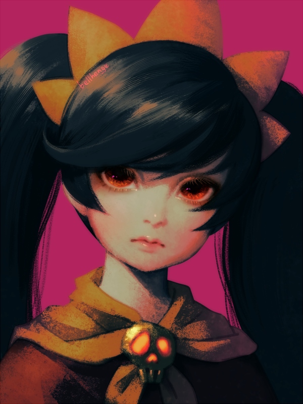 1girl artist_name ashley_(warioware) bangs bellhenge big_hair black_hair commentary english_commentary hairband lips long_hair looking_at_viewer nintendo red_eyes skull solo swept_bangs twintails warioware