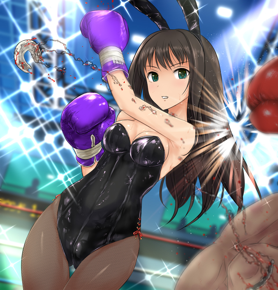 1girl animal_ears backlighting black_hairband black_leotard blood breasts brown_hair bunnysuit cleavage covered_navel cowboy_shot fake_animal_ears fishnet_pantyhose fishnets floating_hair hairband idolmaster idolmaster_cinderella_girls indoors leotard long_hair medium_breasts pantyhose rabbit_ears shibuya_rin shiny shiny_clothes solo_focus standing strapless strapless_leotard