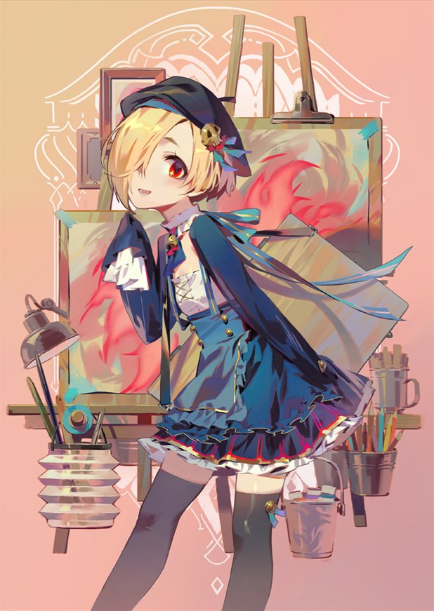 1girl apron art_supplies ascot asymmetrical_hair beret black_legwear blonde_hair bucket colored_pencil commentary_request detached_collar easel frilled_skirt frilled_sleeves frills hair_ornament hair_over_one_eye hat idolmaster idolmaster_cinderella_girls jofang lamp long_sleeves looking_at_viewer lower_teeth painting_(object) pencil red_eyes shirasaka_koume short_eyebrows skirt skull_hair_ornament sleeves_past_wrists smile solo standing suspenders thigh-highs