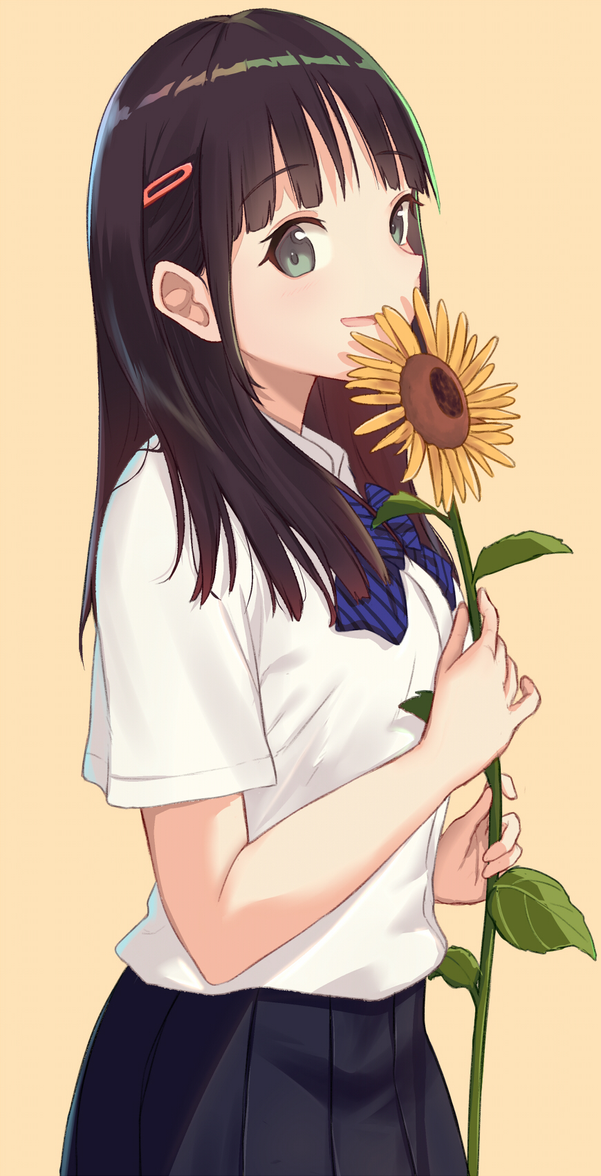 1girl adorable black_hair cute eyebrows_visible_through_hair flower green_eyes hair_ornament hairclip highres holding holding_flower itachi_kanade long_hair looking_at_viewer open_mouth original profile school_uniform solo standing sunflower yellow_background