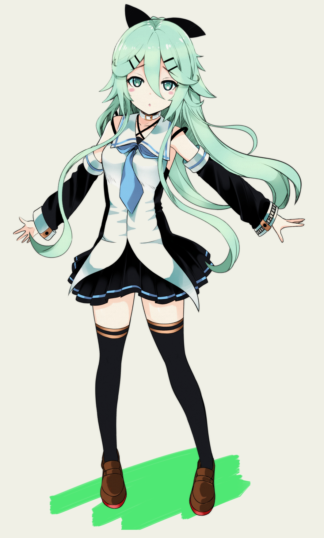 1girl black_bow black_legwear black_skirt blue_neckwear blush bow brown_footwear detached_sleeves floating_hair full_body green_eyes green_hair grey_background hair_between_eyes hair_bow hair_ornament highres hinahime kantai_collection loafers long_hair looking_at_viewer miniskirt neckerchief outstretched_arms parted_lips pleated_skirt shiny shiny_hair shirt shoes simple_background skirt sleeveless sleeveless_shirt solo standing thigh-highs very_long_hair yamakaze_(kantai_collection) zettai_ryouiki