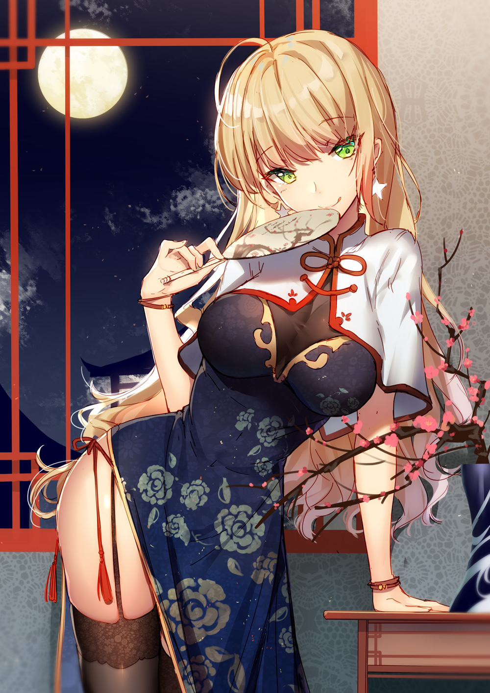 1girl :q ahoge bangs bison_cangshu black_legwear blonde_hair bracelet breasts china_dress chinese_clothes closed_mouth clouds commentary_request dress earrings eyebrows_visible_through_hair fan garter_straps green_eyes highres holding holding_fan indoors jewelry leaning_on_object leaning_to_the_side looking_at_viewer medium_breasts missouri_(zhan_jian_shao_nyu) moon night panties see-through side-tie_bottom side-tie_panties smile solo standing star star_earrings table thigh-highs tongue tongue_out underwear vase zhan_jian_shao_nyu