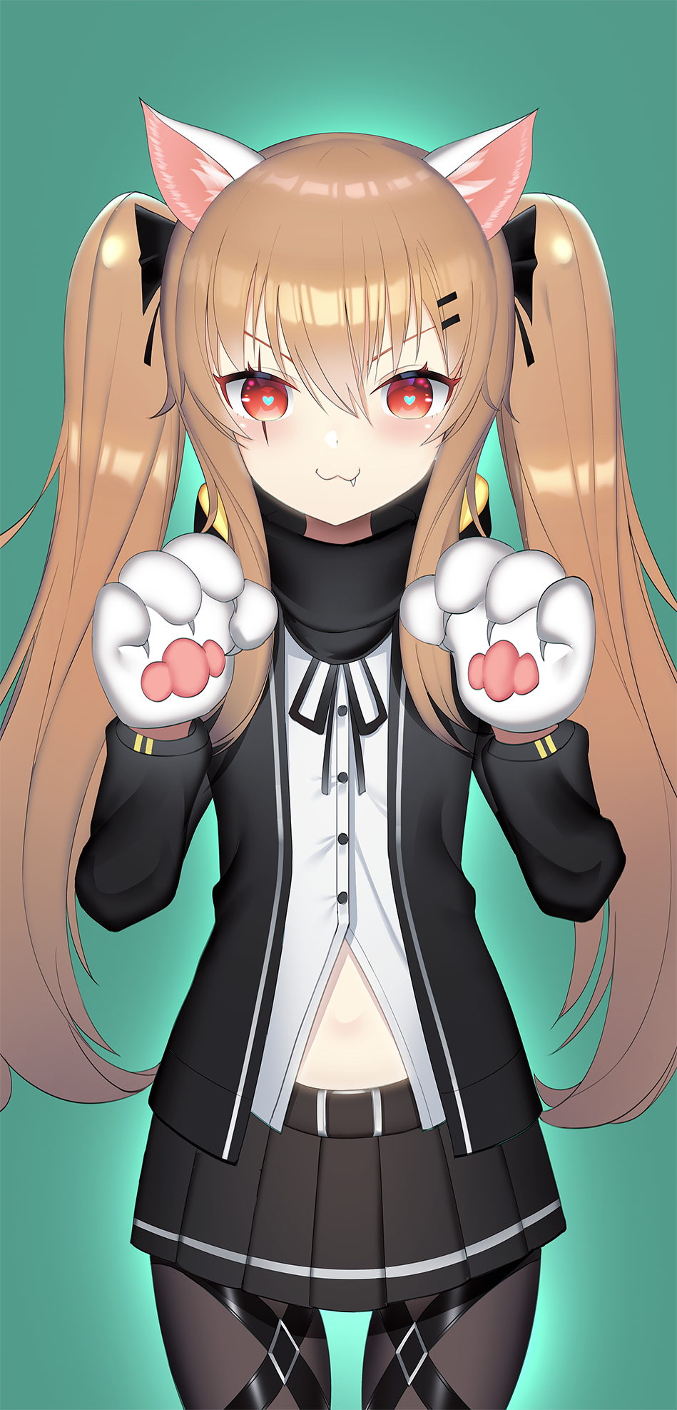 1girl :3 animal_ears black_bow black_legwear black_skirt blush bow brown_hair cat_ears cat_paws closed_mouth eyebrows_visible_through_hair fang girls_frontline hair_bow highres long_hair looking_at_viewer pantyhose paws red_eyes skirt smile solo tttanggvl twintails ump9_(girls_frontline)