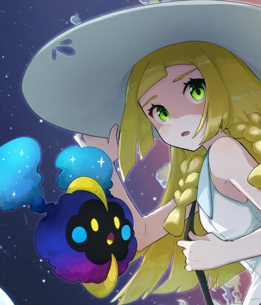 1girl blonde_hair braid cosmog creatures_(company) dress game_freak gen_7_pokemon green_eyes hand_on_headwear hat lillie_(pokemon) long_hair miu_(miuuu_721) night night_sky nintendo open_mouth pokemon pokemon_(creature) pokemon_(game) pokemon_sm sky sleeveless sleeveless_dress star_(sky) sun_hat twin_braids white_dress white_hat