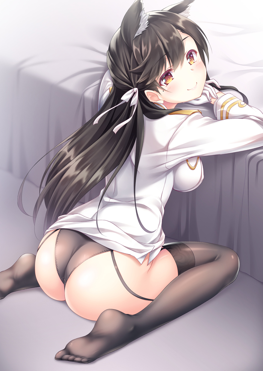 1girl animal_ears ass atago_(azur_lane) azur_lane bangs bed black_hair black_legwear black_panties blush breasts brown_eyes closed_mouth extra_ears eyebrows_visible_through_hair from_behind garter_straps gloves hair_ribbon highres large_breasts leaning long_hair looking_at_viewer looking_back military military_uniform mole mole_under_eye panties ribbon sitting smile solo swept_bangs thigh-highs thighs underwear uniform wariza white_ribbon yuurei_yashiki