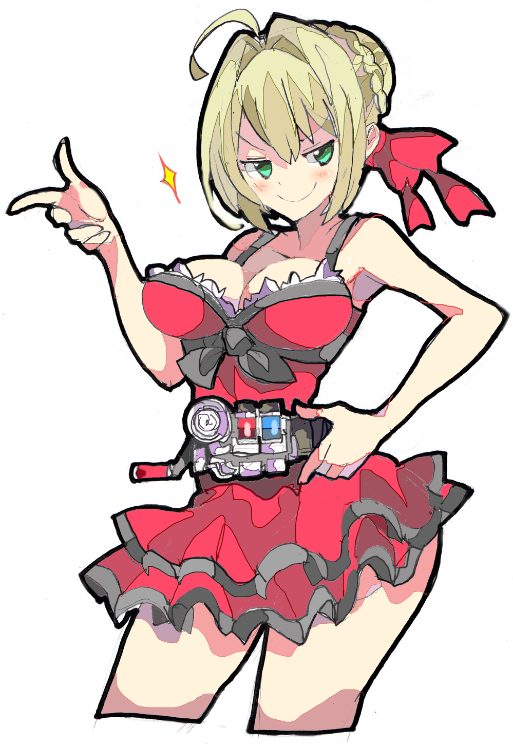 1girl ahoge bangs bare_arms bare_shoulders blonde_hair braid breasts cleavage closed_mouth collarbone cropped_legs dress enpe fate/extra fate_(series) french_braid green_eyes hair_between_eyes hair_intakes hair_ribbon half-closed_eyes highres kamen_rider kamen_rider_build_(series) medium_breasts nero_claudius_(fate) nero_claudius_(fate)_(all) red_dress red_ribbon ribbon short_dress short_hair simple_background smile solo sparkle v-shaped_eyebrows white_background